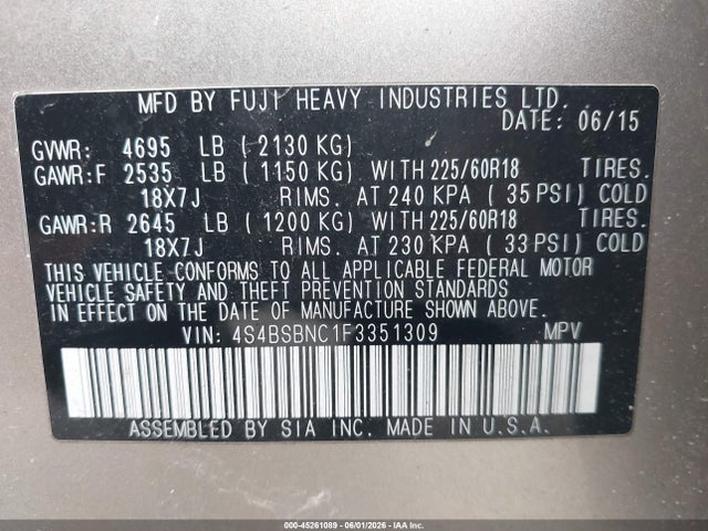 Subaru Outback 2.5i Limited 2015 4S4BSBNC1F3351309 Image 9