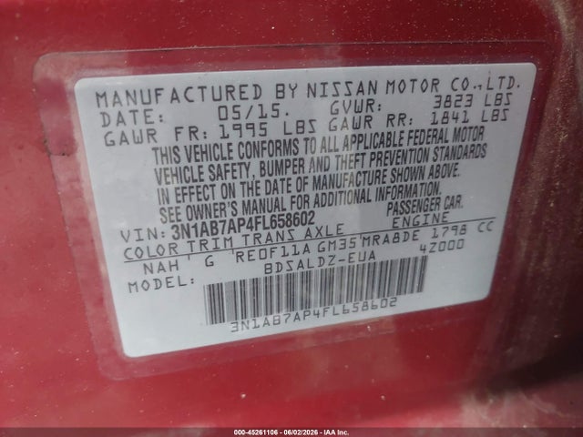 45261106 :رقم المزاد ، 3N1AB7AP4FL658602 vin ، 2015 Nissan Sentra Sv مزاد بيع