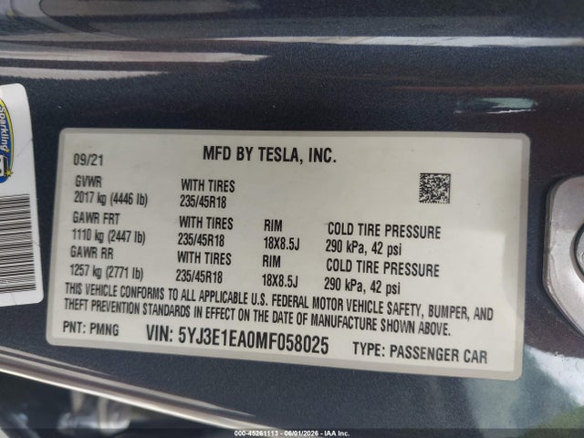 Aukcja sprzedaży 2021 Tesla Model 3 Standard Range Plus Rear-wheel Drive, vin: 5YJ3E1EA0MF058025, numer aukcji: 45261113