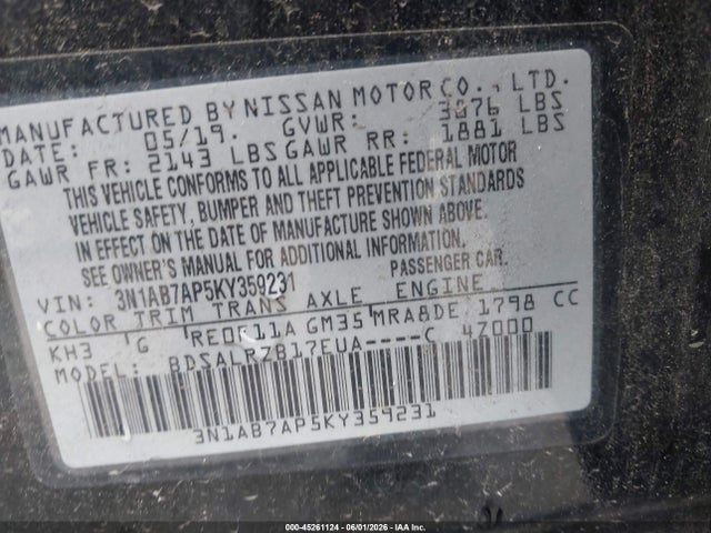 2019 Nissan Sentra Sr მანქანა იყიდება აუქციონზე, vin: 3N1AB7AP5KY359231, აუქციონის ნომერი: 45261124