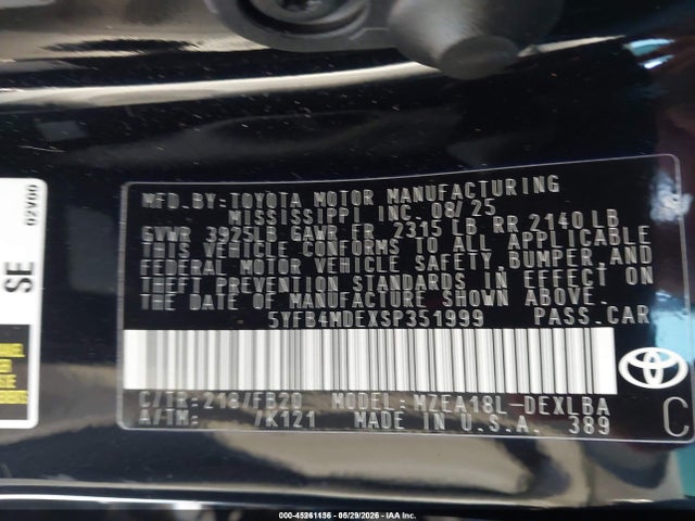 Aukcja sprzedaży 2025 Toyota Corolla Le, vin: 5YFB4MDEXSP351999, numer aukcji: 45261136
