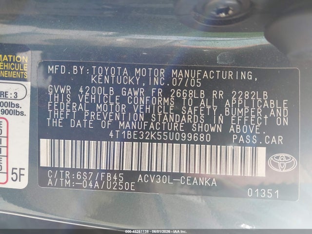 2005 Toyota Camry Le მანქანა იყიდება აუქციონზე, vin: 4T1BE32K55U099680, აუქციონის ნომერი: 45261138