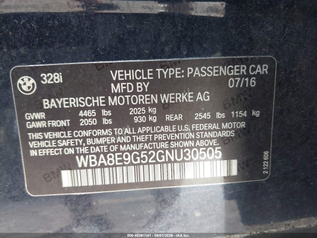 45261141 :رقم المزاد ، WBA8E9G52GNU30505 vin ، 2016 Bmw 328i مزاد بيع
