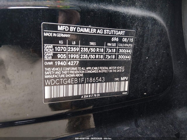 Aukcja sprzedaży 2015 Mercedes-benz Gla 250, vin: WDCTG4EB1FJ186543, numer aukcji: 45261149