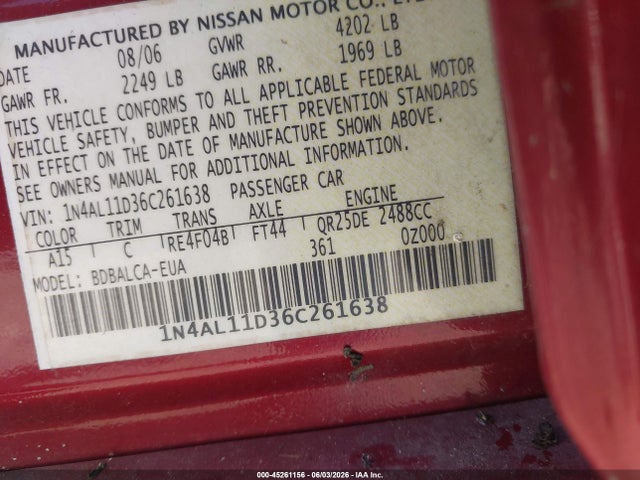 Aukcja sprzedaży 2006 Nissan Altima 2.5 S, vin: 1N4AL11D36C261638, numer aukcji: 45261156