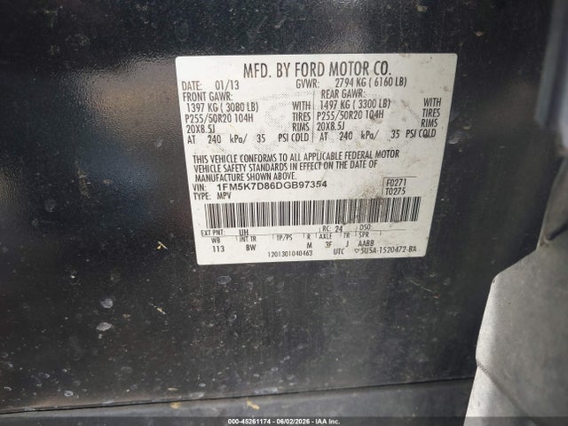 Продаж на аукціоні авто 2013 Ford Explorer Xlt, vin: 1FM5K7D86DGB97354, номер лоту: 45261174