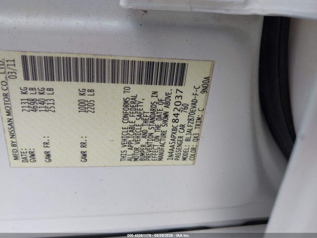 Aukcja sprzedaży 2011 Nissan Maxima 3.5 Sv, vin: 1N4AA5APXBC842037, numer aukcji: 45261178