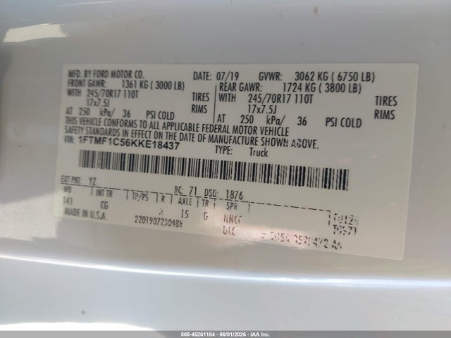 Продажа на аукционе авто 2019 Ford F-150 Xl, vin: 1FTMF1C56KKE18437, номер лота: 45261184