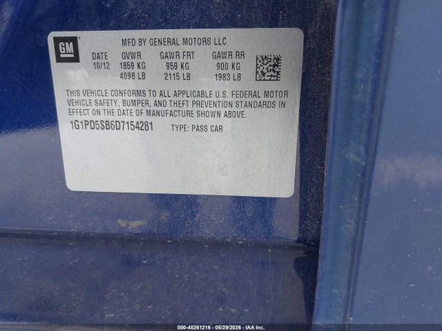 Aukcja sprzedaży 2013 Chevrolet Cruze 1lt Manual, vin: 1G1PD5SB6D7154281, numer aukcji: 45261216