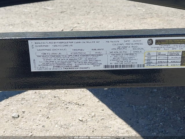 2025 Carry On 6x12gwatv მანქანა იყიდება აუქციონზე, vin: 4YMBU1219SV020663, აუქციონის ნომერი: 45261218