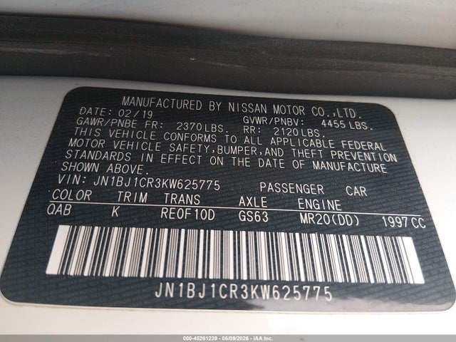 Aukcja sprzedaży 2019 Nissan Rogue Sport Sl, vin: JN1BJ1CR3KW625775, numer aukcji: 45261239