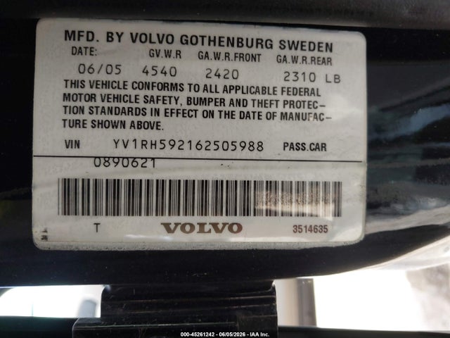 Aukcja sprzedaży 2006 Volvo S60 2.5t, vin: YV1RH592162505988, numer aukcji: 45261242