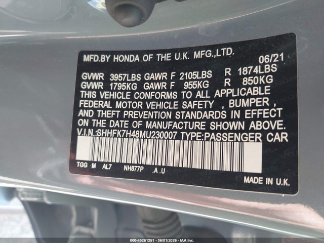 SHHFK7H48MU230007 Honda Civic Sport