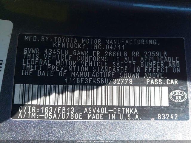 Aukcja sprzedaży 2011 Toyota Camry Le, vin: 4T1BF3EK5BU732778, numer aukcji: 45261271