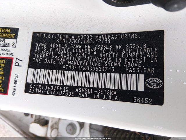 2012 Toyota Camry Se მანქანა იყიდება აუქციონზე, vin: 4T1BF1FK0CU531715, აუქციონის ნომერი: 45261279