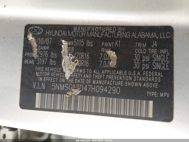 45261285 :رقم المزاد ، 5NMSG13D47H094290 vin ، 2007 Hyundai Santa Fe Gls مزاد بيع
