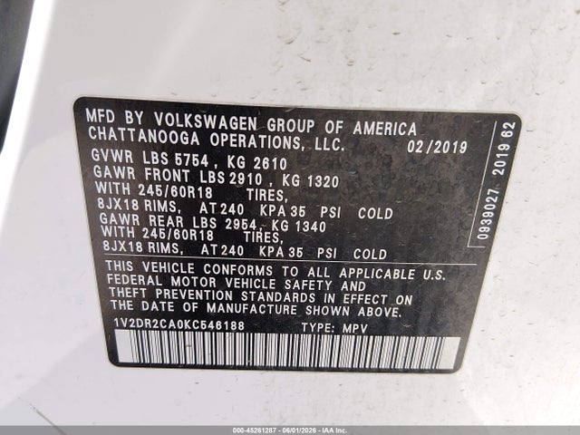 1V2DR2CA0KC546188 Volkswagen Atlas 3.6l V6 Se