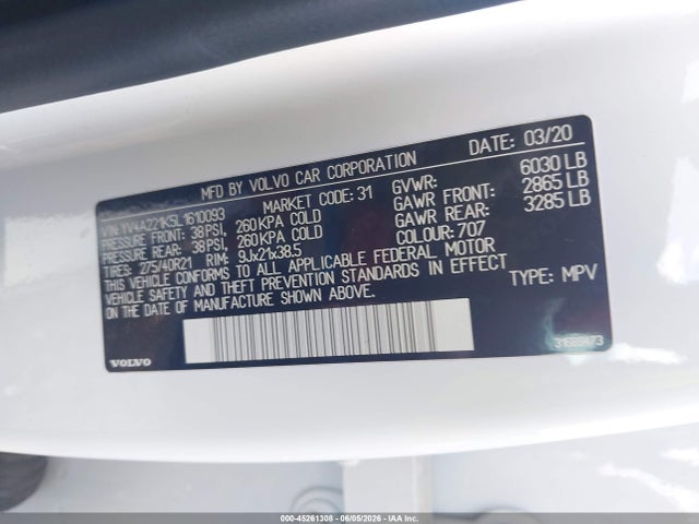 Продажа на аукционе авто 2020 Volvo Xc90 T6 Momentum 6 Passenger, vin: YV4A221K5L1610093, номер лота: 45261308