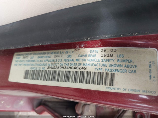 Aukcja sprzedaży 2004 Volkswagen Jetta Gls 2.0l, vin: 3VWSA69M34M048249, numer aukcji: 45261310