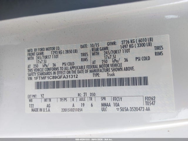 Продаж на аукціоні авто 2016 Ford F-150 Xl, vin: 1FTMF1C89GFA31312, номер лоту: 45261333