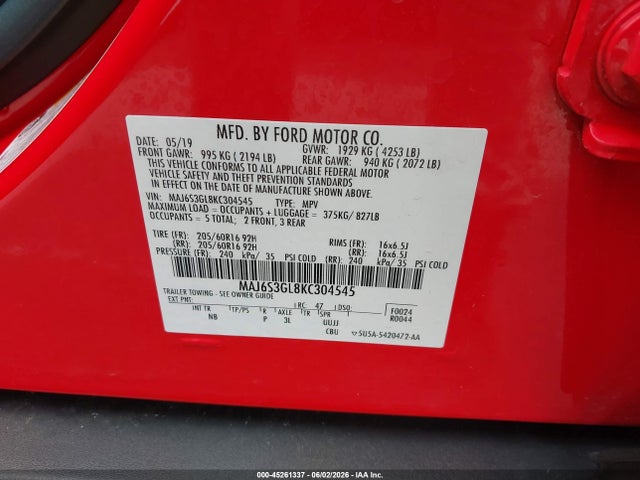 2019 Ford Ecosport Se მანქანა იყიდება აუქციონზე, vin: MAJ6S3GL8KC304545, აუქციონის ნომერი: 45261337