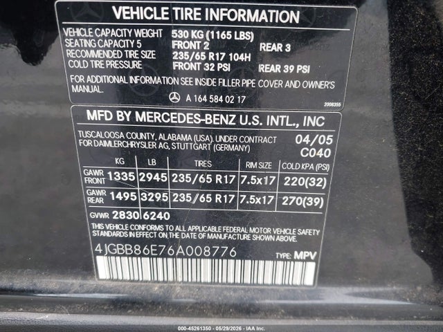 Aukcja sprzedaży 2006 Mercedes-benz Ml 350 4matic, vin: 4JGBB86E76A008776, numer aukcji: 45261350