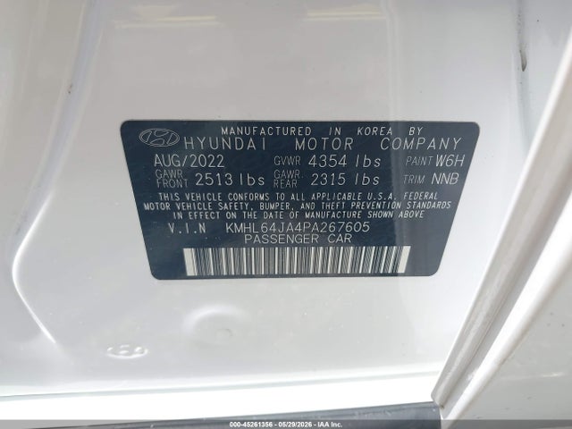 45261356 :رقم المزاد ، KMHL64JA4PA267605 vin ، 2023 Hyundai Sonata Sel مزاد بيع