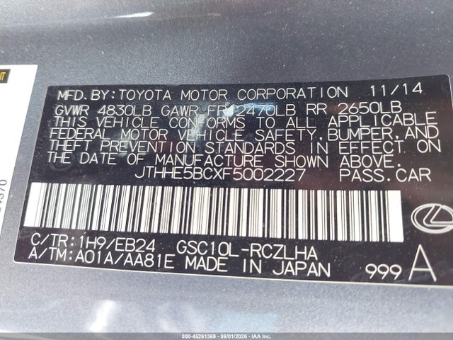 Aukcja sprzedaży 2015 Lexus Rc 350, vin: JTHHE5BCXF5002227, numer aukcji: 45261369