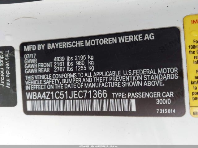 Aukcja sprzedaży 2018 Bmw 430i, vin: WBA4Z1C51JEC71366, numer aukcji: 45261374