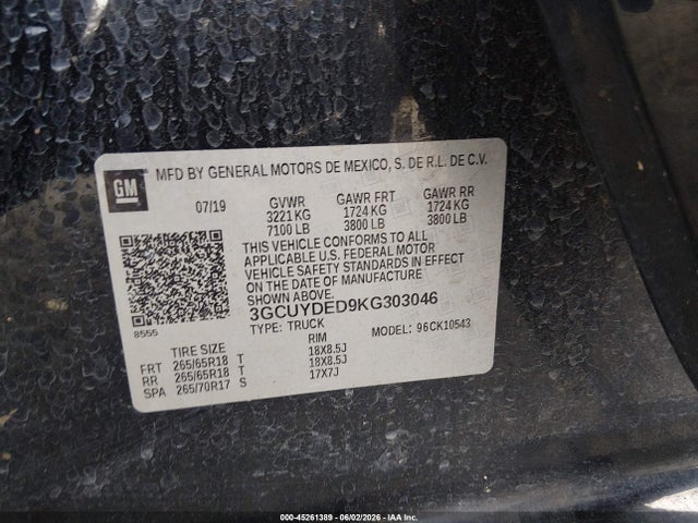 3GCUYDED9KG303046 Chevrolet Silverado 1500 Lt