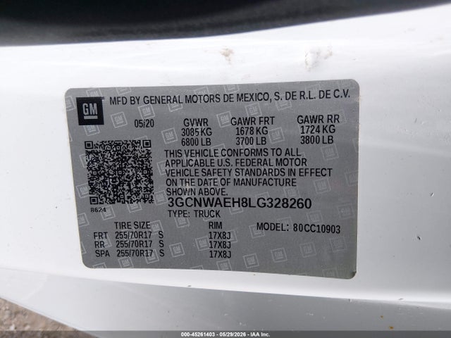 Продажа на аукционе авто 2020 Chevrolet Silverado 1500 2wd  Long Bed Wt, vin: 3GCNWAEH8LG328260, номер лота: 45261403