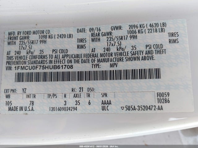 2017 Ford Escape S მანქანა იყიდება აუქციონზე, vin: 1FMCU0F75HUB61708, აუქციონის ნომერი: 45261412