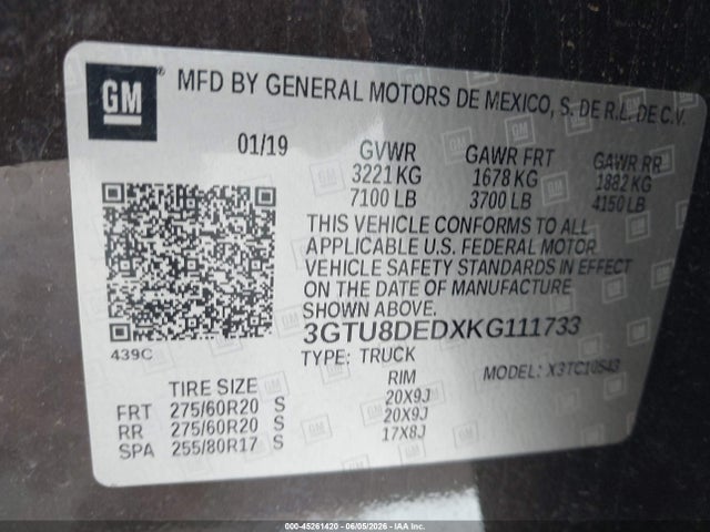 Aukcja sprzedaży 2019 Gmc Sierra 1500 Slt, vin: 3GTU8DEDXKG111733, numer aukcji: 45261420