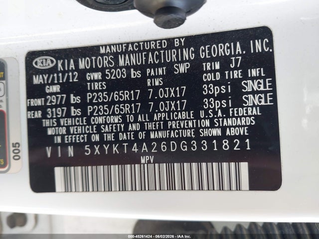 45261424 :رقم المزاد ، 5XYKT4A26DG331821 vin ، 2013 Kia Sorento Lx V6 مزاد بيع