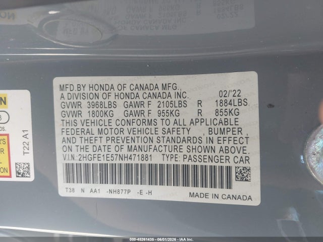 2HGFE1E57NH471881 Honda CIVIC SI SEDAN
