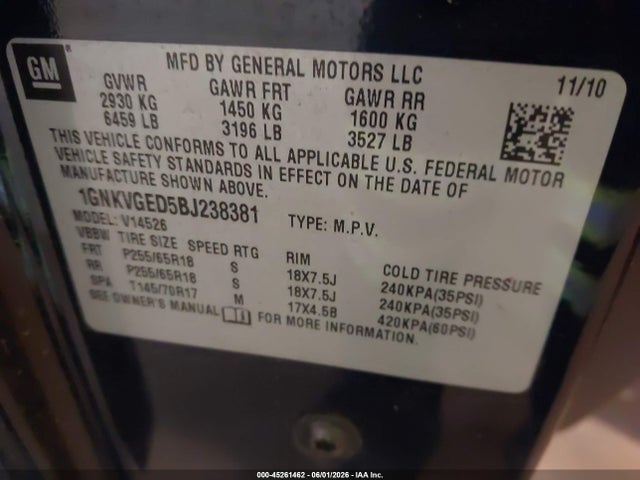45261462 :رقم المزاد ، 1GNKVGED5BJ238381 vin ، 2011 Chevrolet Traverse 1lt مزاد بيع