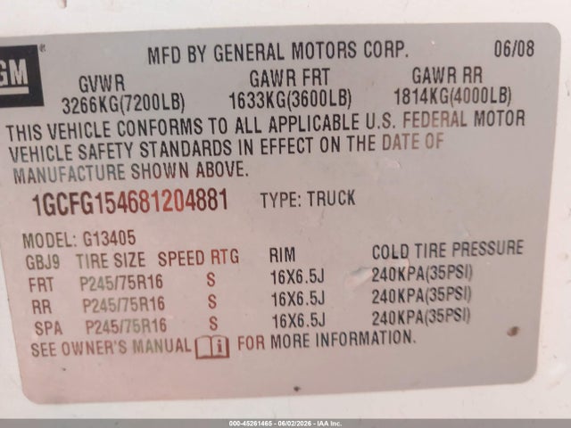 45261465 :رقم المزاد ، 1GCFG154681204881 vin ، 2008 Chevrolet Express Work Van مزاد بيع