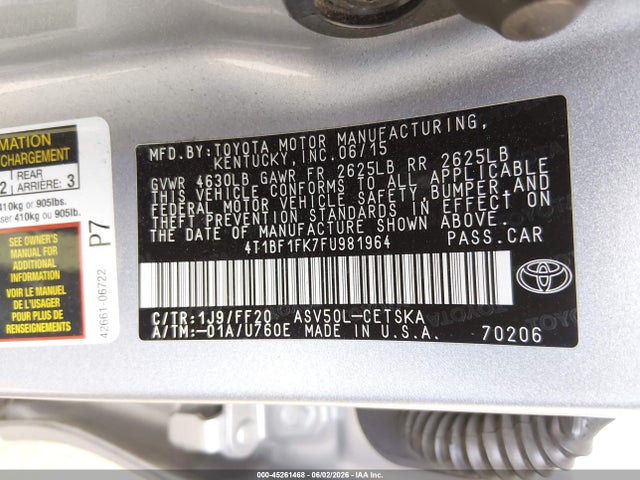 2015 Toyota Camry Se მანქანა იყიდება აუქციონზე, vin: 4T1BF1FK7FU981964, აუქციონის ნომერი: 45261468