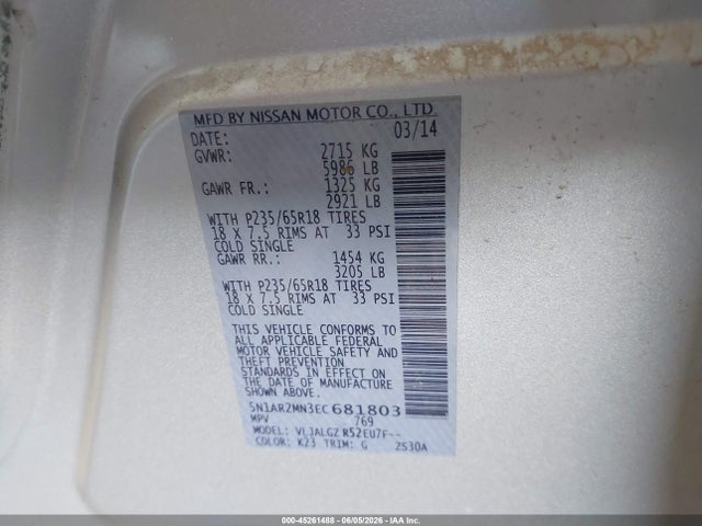 2014 Nissan Pathfinder Sl მანქანა იყიდება აუქციონზე, vin: 5N1AR2MN3EC681803, აუქციონის ნომერი: 45261488