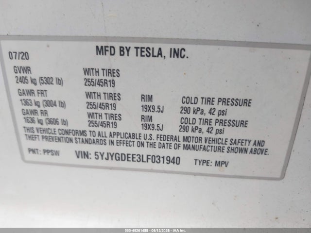 2020 Tesla Model Y Long Range Dual Motor All-wheel Drive მანქანა იყიდება აუქციონზე, vin: 5YJYGDEE3LF031940, აუქციონის ნომერი: 45261499