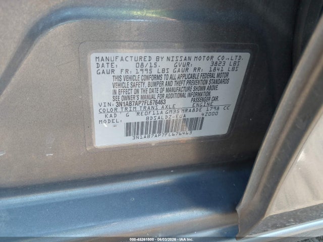 2015 Nissan Sentra Sv მანქანა იყიდება აუქციონზე, vin: 3N1AB7AP7FL676463, აუქციონის ნომერი: 45261500