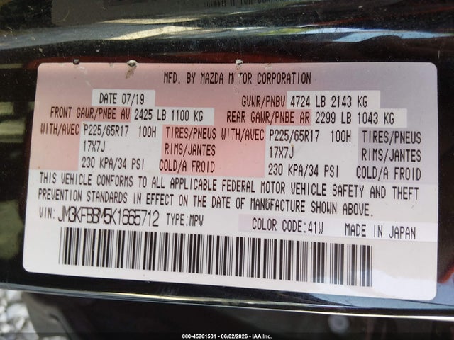 Продажа на аукционе авто 2019 Mazda Cx-5 Sport, vin: JM3KFBBM5K1665712, номер лота: 45261501
