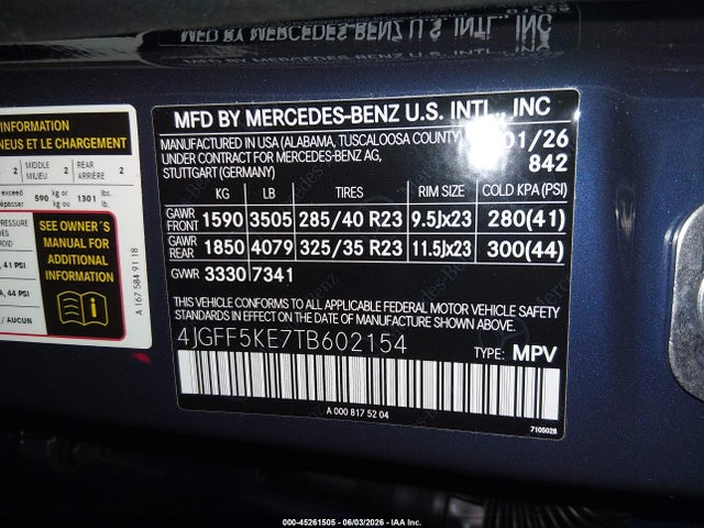 Aukcja sprzedaży 2026 Mercedes-benz Gls 450 4matic, vin: 4JGFF5KE7TB602154, numer aukcji: 45261505