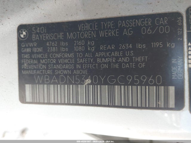 Продаж на аукціоні авто 2000 Bmw 540i, vin: WBADN5340YGC95960, номер лоту: 45261507