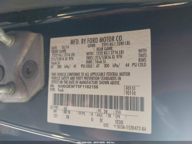 45261526 :رقم المزاد ، NM0GE9F75F1182156 vin ، 2015 Ford Transit Connect Xlt مزاد بيع
