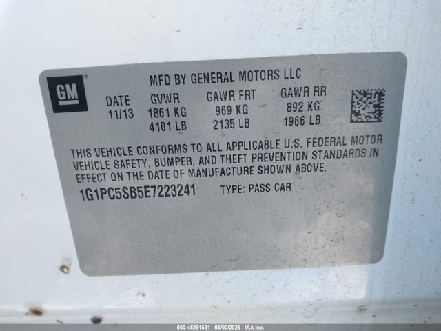 45261531 :رقم المزاد ، 1G1PC5SB5E7223241 vin ، 2014 Chevrolet Cruze 1lt Auto مزاد بيع