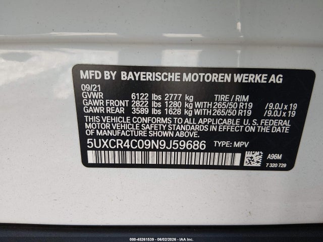 45261539 :رقم المزاد ، 5UXCR4C09N9J59686 vin ، 2022 Bmw X5 Sdrive40i مزاد بيع