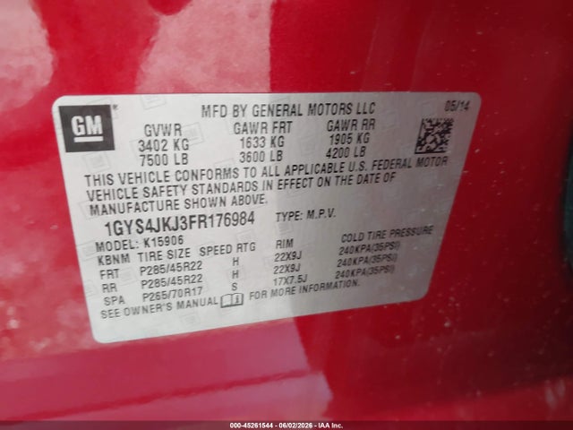 45261544 :رقم المزاد ، 1GYS4JKJ3FR176984 vin ، 2015 Cadillac Escalade Esv Premium مزاد بيع