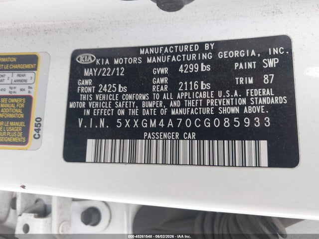 45261548 :رقم المزاد ، 5XXGM4A70CG085933 vin ، 2012 Kia Optima Lx مزاد بيع