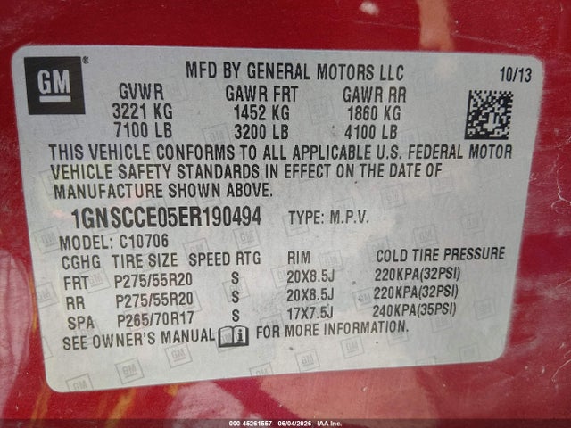 Продаж на аукціоні авто 2014 Chevrolet Tahoe Ltz, vin: 1GNSCCE05ER190494, номер лоту: 45261557